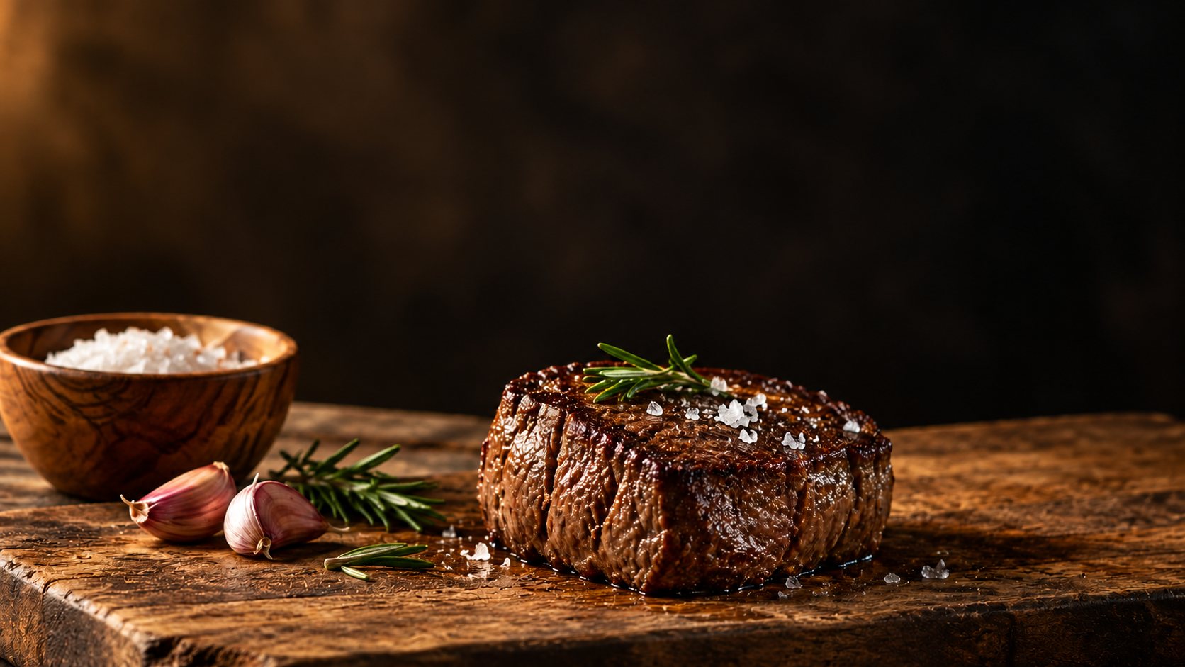 A seared steak finished with sea salt crystals and rosemary on a wooden board, beside a bowl of salt and garlic
