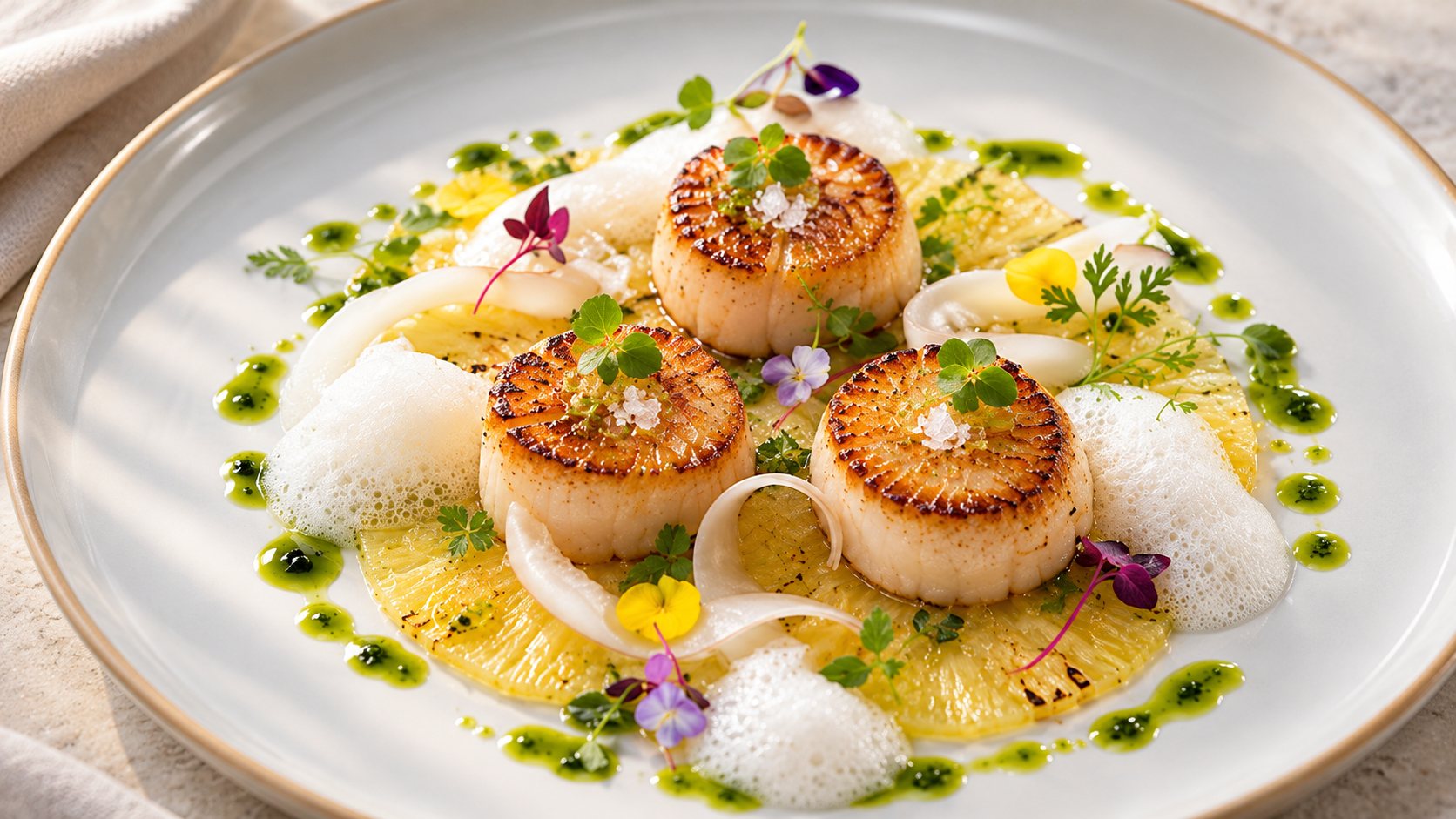 Seared scallops finished with sea salt crystals on grilled pineapple, with herbs and edible flowers